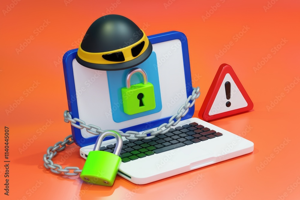 Poster Laptop secured with chain and locks  highlighting online security and data protection.