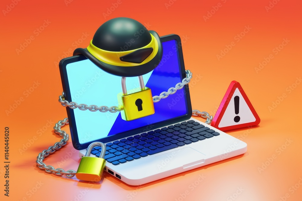 Aufkleber laptop secured with chain and padlock symbolizing online data protection and security.