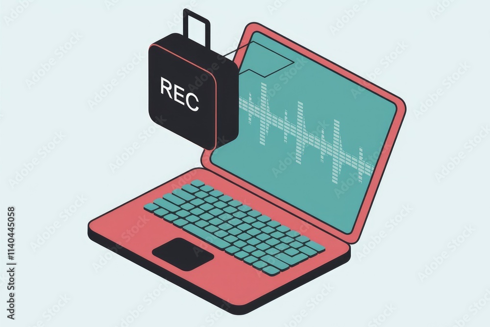 Poster Laptop screen displays audio waveform  indicating recording in progress via connected device.