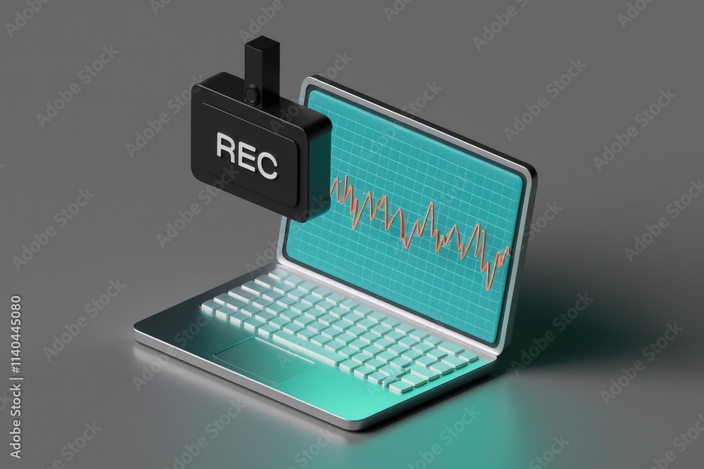 Poster Laptop screen shows recording indicator and waveform graph.