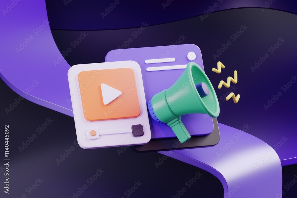 Aufkleber 3d render of video marketing campaign with megaphone and play button promoting online content.