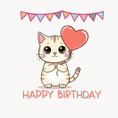 Cute kawaii cat with a heart-shaped baloon