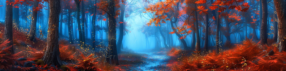 Enchanted forest with blue fog in autumn, featuring a pathway surrounded by trees with vibrant red and orange leaves. A dreamy and serene fall landscape.