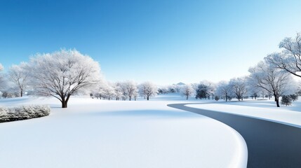 Obraz premium Serene winter landscape with snow-covered trees and a winding path.