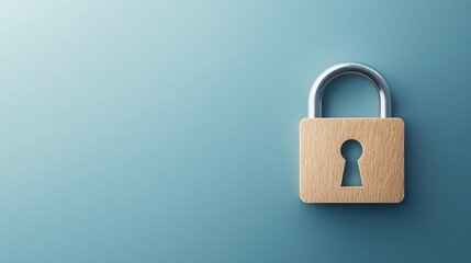 Fototapeta premium Cybersecurity framework concept. A wooden padlock on a blue background symbolizes security and protection.