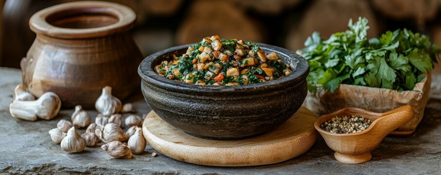 Traditional Georgian cuisine. Vegetarian chashusuli with mushrooms, phali - a snack made of nuts, various vegetables or greens and spices and rolls with ba