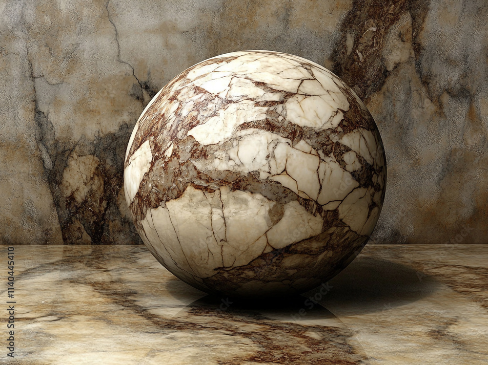 Poster marble sphere on textured stone surface with intricate veining patterns