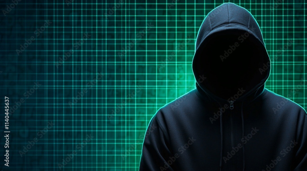 Poster cybersecurity framework concept. mysterious figure in a hoodie against a tech-inspired grid backgrou