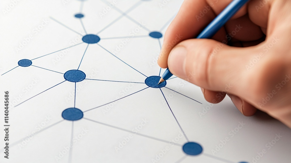 Poster cybersecurity framework concept. a hand drawing connections on a network diagram with blue dots.