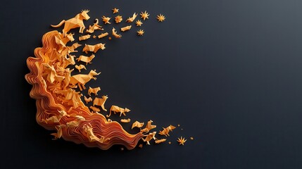 The zodiac animals in origami style, forming a wave of glowing prosperity symbols in a stunning papercut display