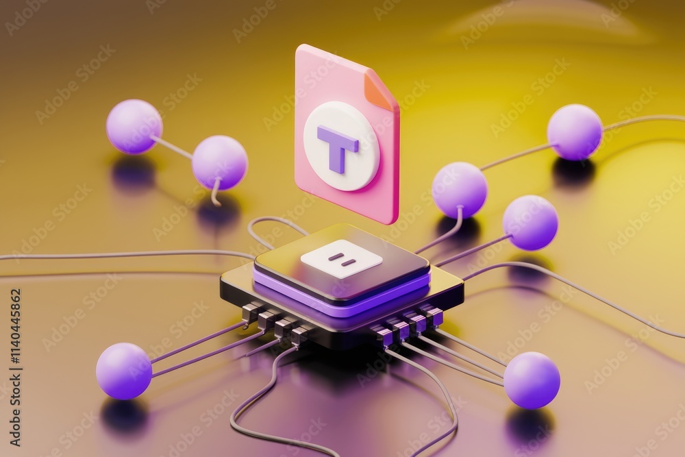 Fototapete Text file processing on a CPU visualized with connecting nodes and a floating file icon.