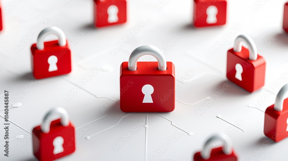 Poster cybersecurity framework concept. red padlocks on a white surface symbolize security and protection i