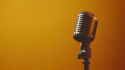 A vintage microphone with a sturdy stand on a bold yellow background, creating a striking visual for recording or podcasting.