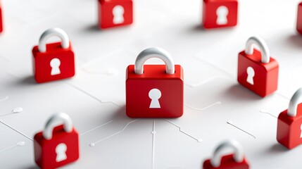 Cybersecurity framework concept. Red padlocks on a white surface symbolize security and protection in a digital environment.