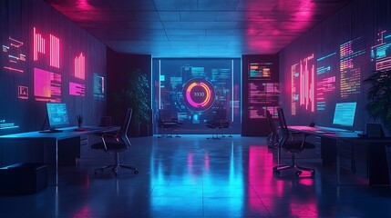 A bright and modern tech office with interactive holographic graphs illuminating the room, vibrant data metrics glowing mid-air, contemporary desks and chairs,