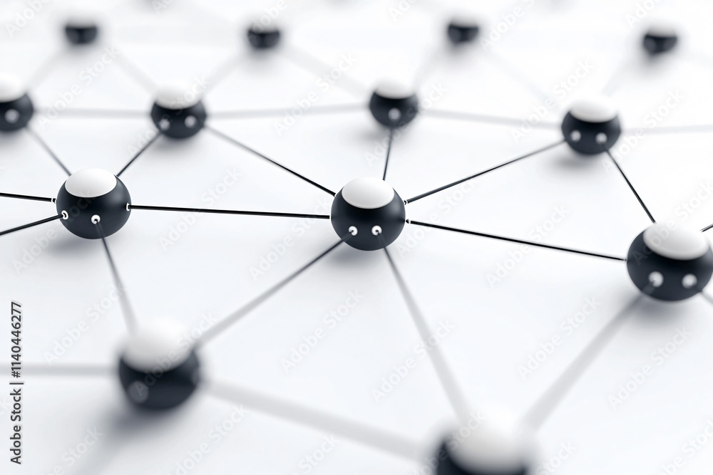 Poster cybersecurity framework concept. abstract network of interconnected black and white spheres on a lig