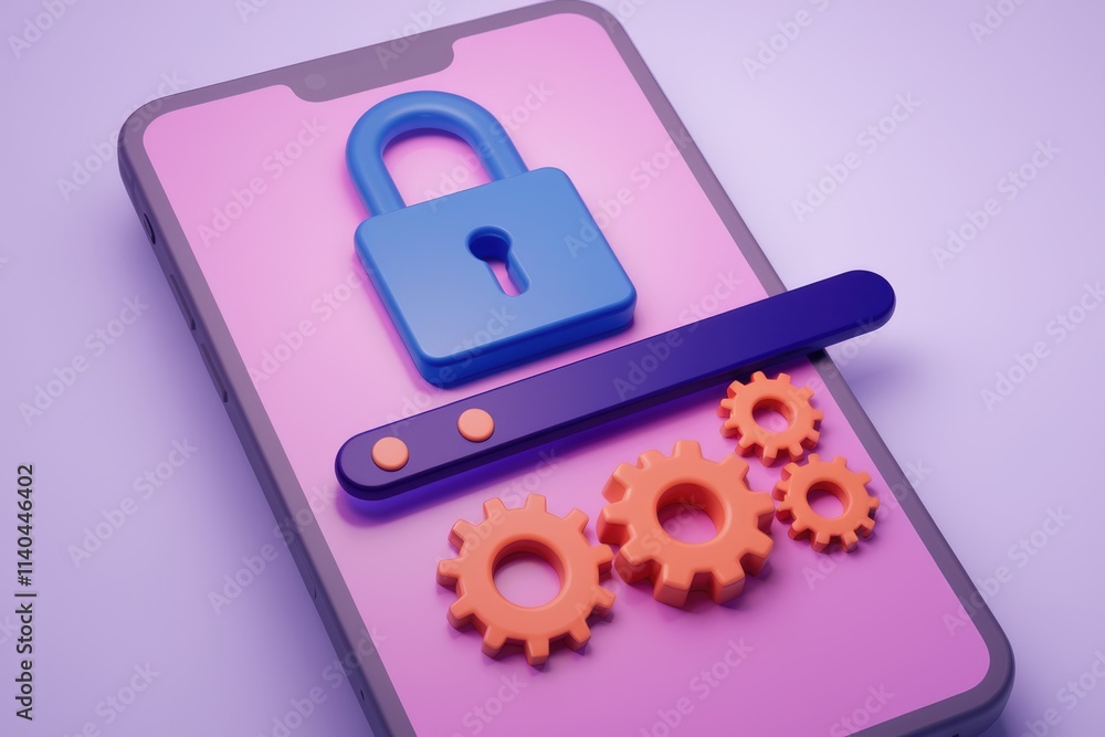 Poster mobile security settings gears for system padlock for protection.