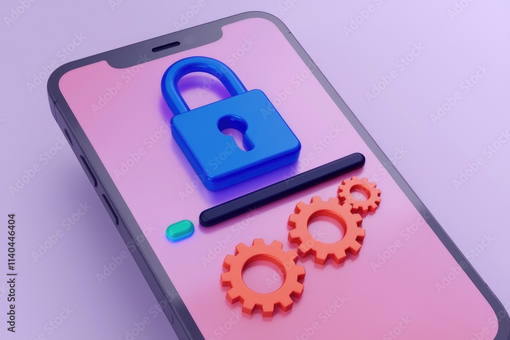 Poster Mobile phone security settings  gears and padlock represent data protection and privacy.