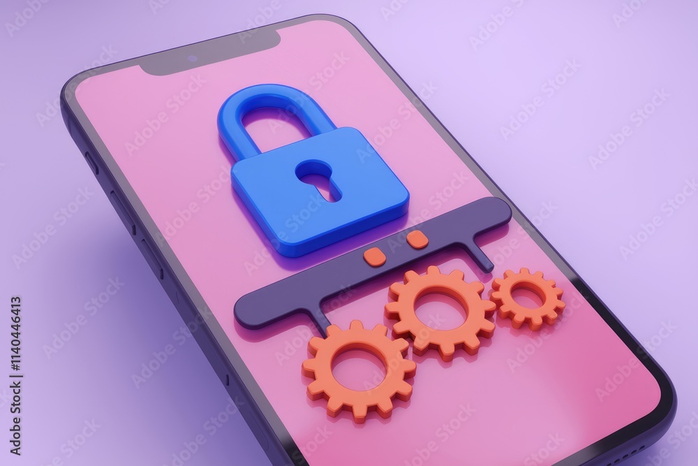 Poster Mobile phone security settings  gears and padlock represent phone protection and configuration.