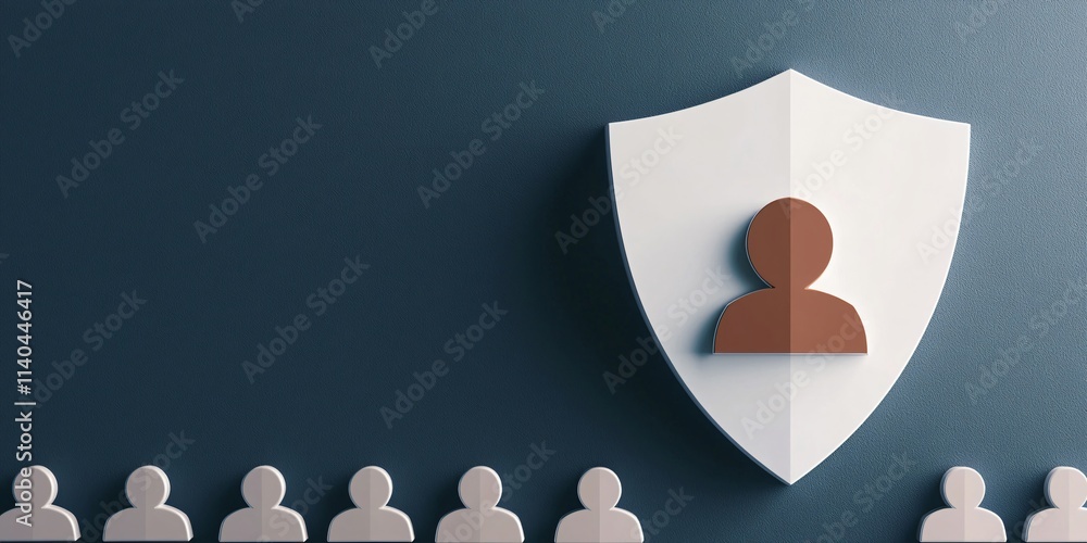 Poster cybersecurity framework concept. a shield representing protection and security with figures in the b