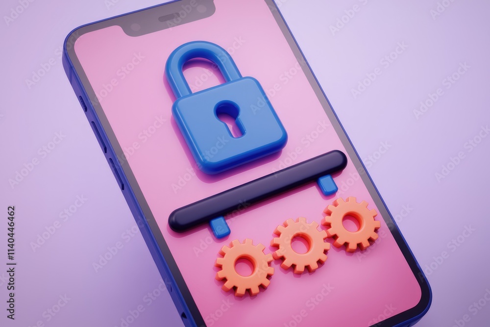 Poster Mobile phone security  A padlock and gears represent secure mobile app settings and data protection.