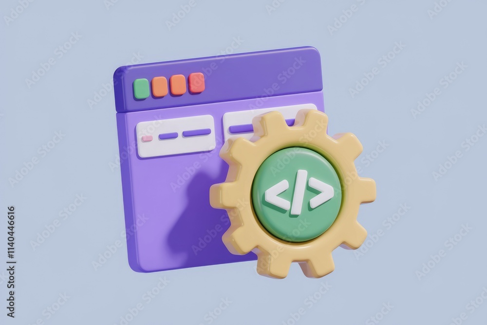 Fototapete 3D render of web development  code optimization  gear and website interface.
