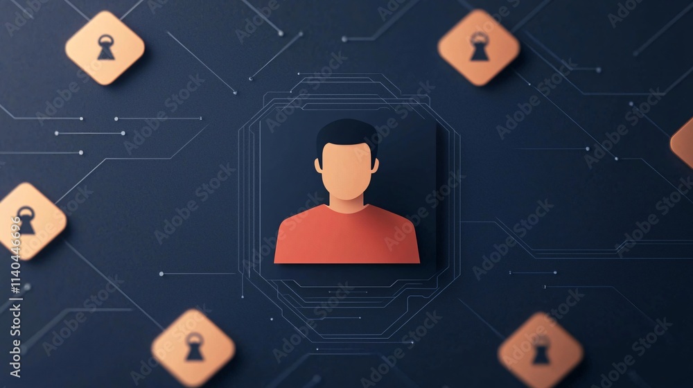 Poster cybersecurity framework concept. abstract digital illustration of a user profile surrounded by secur