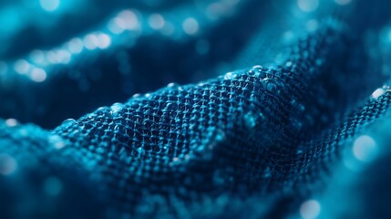 Close-up of Textured Teal Fabric with Water Droplets. AI Generated