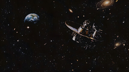 Naklejka premium Voyager spacecraft exploring the vastness of space, symbolizing human curiosity and the quest for knowledge beyond our planet.