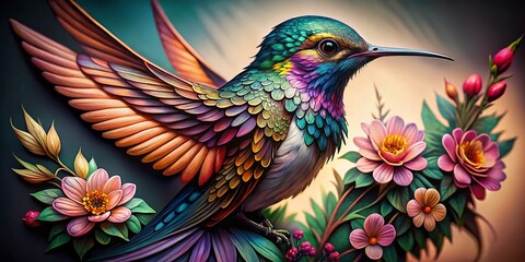 Obraz premium Hummingbird Tattoo Design: High-Resolution Images, Detailed Sketches, Bird Tattoo Art, Floral Hummingbird Tattoo