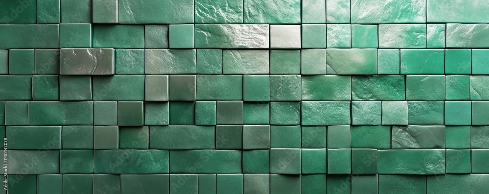 Poster rectangular mosaic tiles arranged in the shape of a wall. semigloss, green, blocks stacked to create