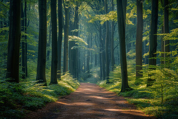 Obraz premium Serene path winding through a vibrant green beech forest, creating a natural tunnel effect. Captures the essence of environmental conservation.