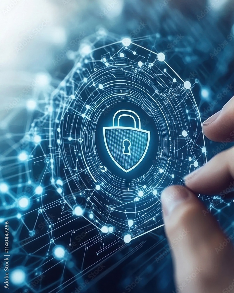 Poster digital security concept with lock symbol and data connection, emphasizing cyber protection and mode