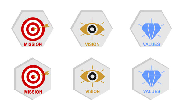 mission vison values icon set in hexagonal shape. vector illustration isolated on white background.