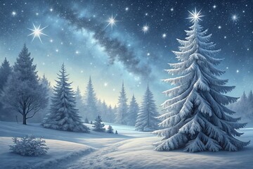 winter landscape with snow garlands into a forest with snowy flakes with shape of stars close to...