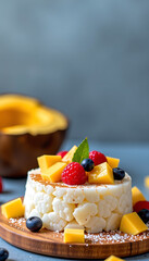 Tropical Coconut Rice Cake - A sweet rice cake made with coconut milk and topped with tropical fruit. background copyspace