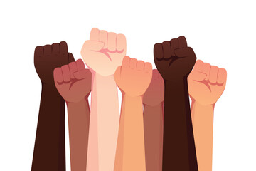 People's hands raised with clenched fists, Hand fist, isolated on a white background. Symbol of love, diversity. Human rights, feminism, equality and women's day concept. Black lives matter movement.