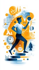 Dynamic Graphic of a Person Running Amidst Abstract Icons Representing Sport, Fitness, Technology, and Time in an Energetic Modern Illustration