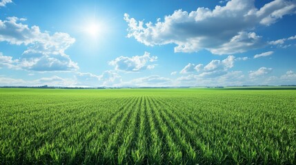 Obraz premium Lush Green Field Under Bright Blue Sky With Fluffy White Clouds