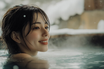 Fototapeta premium A young beautiful Woman relaxes in a hot spring in the winter mountains.