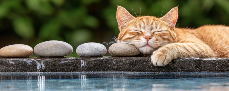 A peaceful orange cat naps beside smooth stones, basking in tranquility by a serene pool, embodying relaxation and calmness in nature.