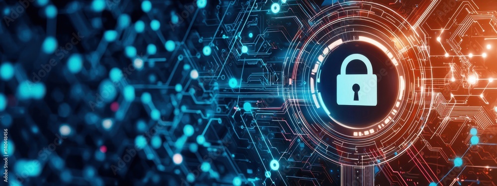 Poster digital lock concept representing cyber security in a high-tech environment with circuit patterns an