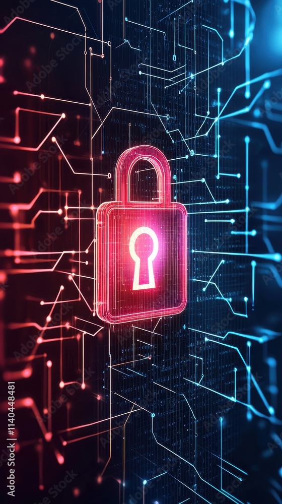 Poster digital lock symbol representing cybersecurity in a high-tech environment with circuit patterns and 