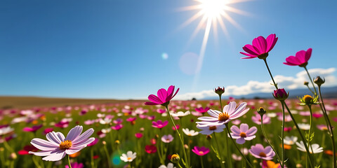 Cosmos Fields - Cosmos flowers blooming in a wide open field under a golden sun. backdrop background digital art crisp oilpinting minimalist sharp details funny background copyspace