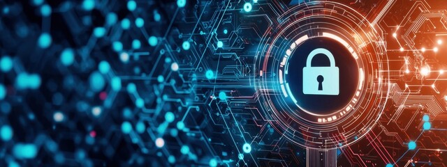 Obraz premium Digital Lock Concept Representing Cyber Security in a High-Tech Environment with Circuit Patterns and Data Connections Illuminated by Blue and Orange Light