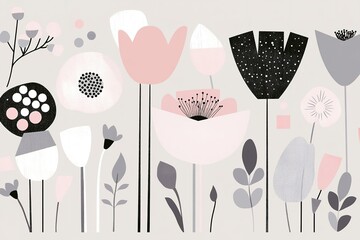 Pastel floral pattern with abstract plants and shapes.