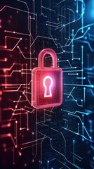 Digital Lock Symbol Representing Cybersecurity in a High-Tech Environment with Circuit Patterns and Neon Glow in Background for Security Concepts