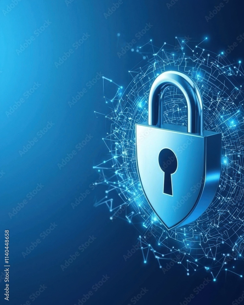 Poster digital security concept featuring a 3d lock icon with abstract network connections representing cyb