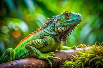 Fototapeta premium Iguana in Lush Rainforest - Vibrant Scales, Exotic Reptile, Green Tree Branch, Wildlife Photography