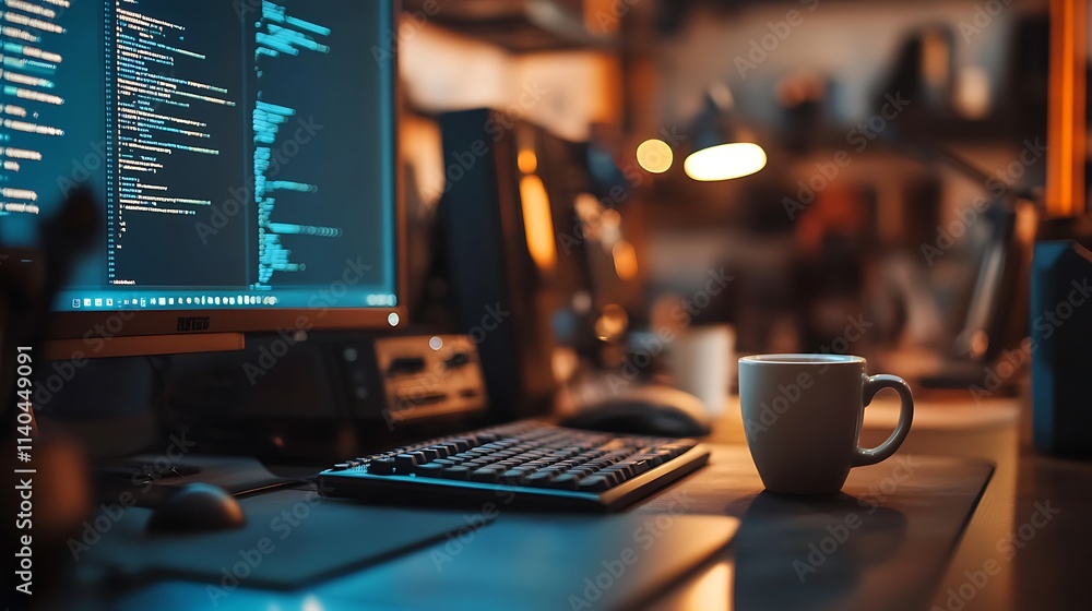 Wall mural nighttime coding session: desktop computer and coffee in a home office. ai generated
